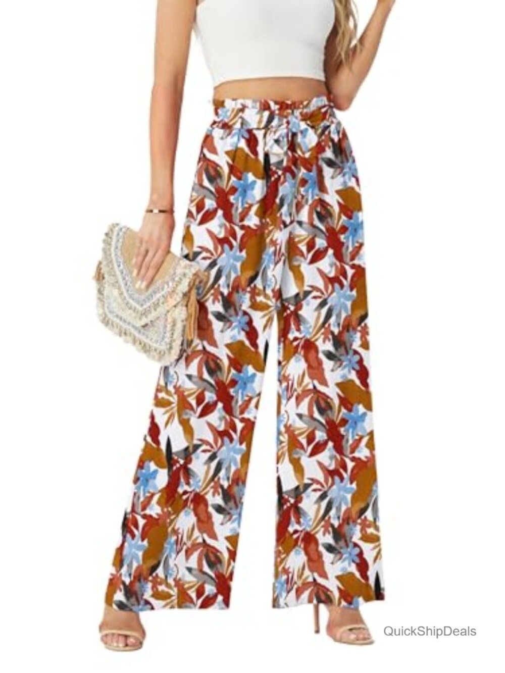 High Waist Wide Leg Pants, Linen Blend, Flowy Casual Trousers w/ Pockets